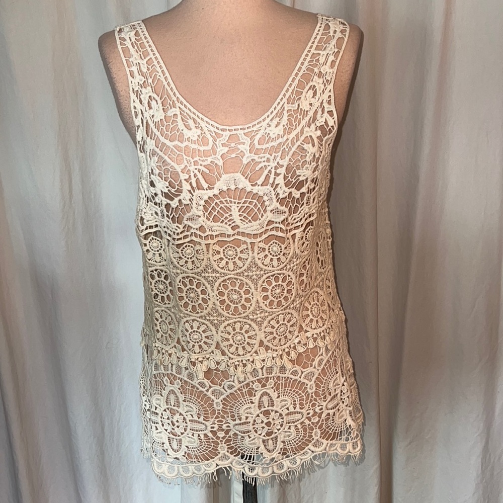 crochet top 2 tone beige Ultra Pink Brand see through - Picture 1 of 8